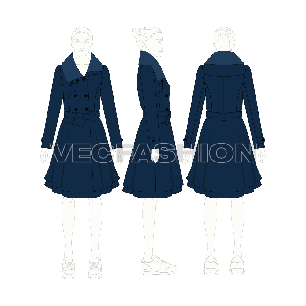 Classy Double Breasted Coat flat sketch, croqui sketch