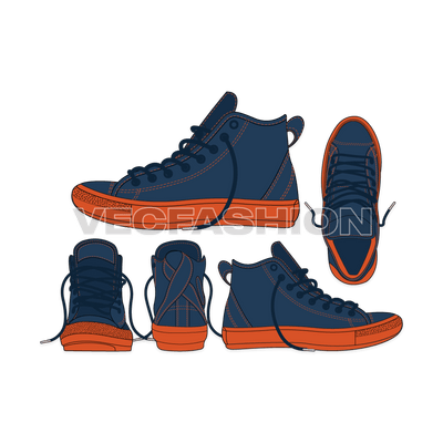 A detailed illustration of Cotton Canvas Hi Top Sneakers. It is illustrated with multiple views like Top View, Outside view, Inside View, Front view and Back view with design details on it.