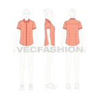 Womens cotton poplin short sleeve shirt flat sketch, croqui sketch