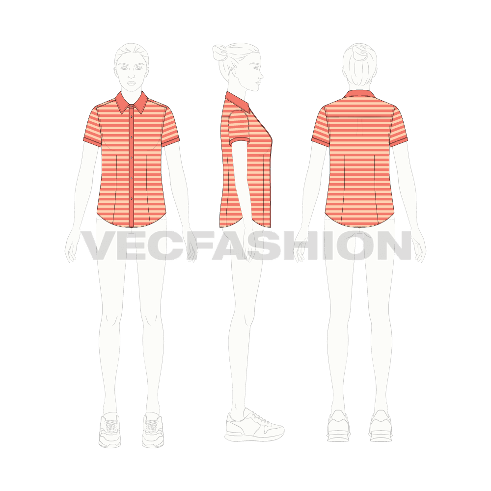 Womens cotton poplin short sleeve shirt flat sketch, croqui sketch
