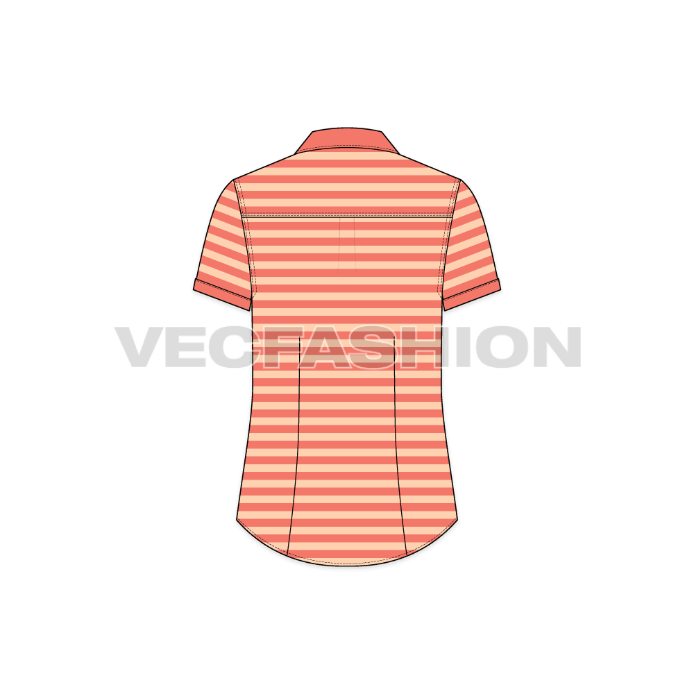 Womens cotton poplin short sleeve shirt flat sketch, back view