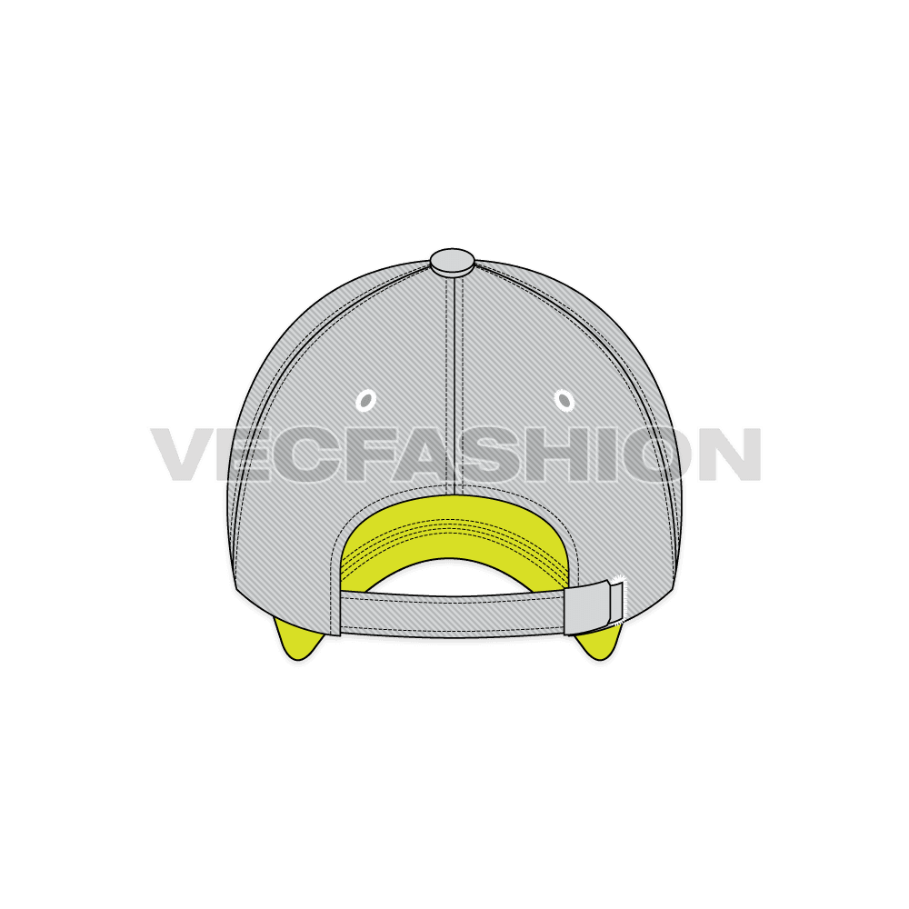 A fully editable illustrator cad of Cotton Twill Baseball Cap. It is rendered in light gray with contrast lime green inside finishing, giving a sporty look. 
