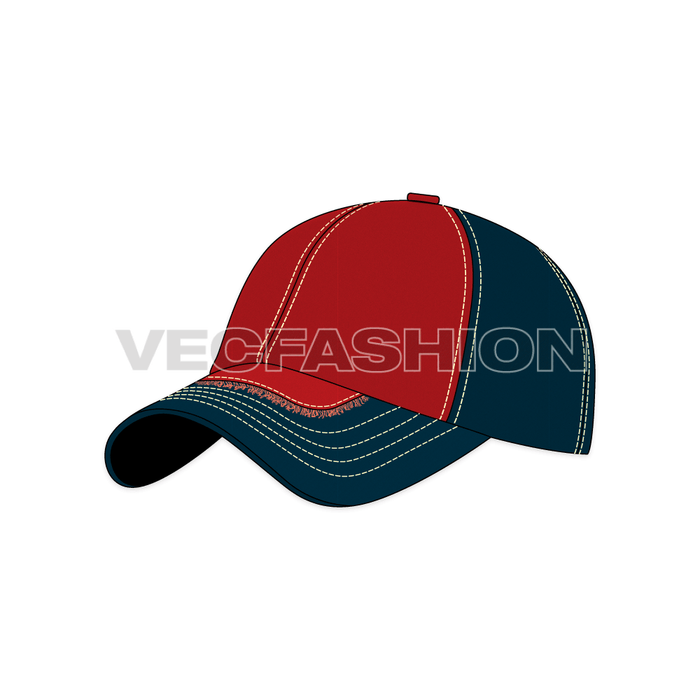 A vector illustrator template of Cotton Twill Baseball Cap. It is illustrated in four views showing all construction details. Just add your logo and send to your supplier for manufacturing.