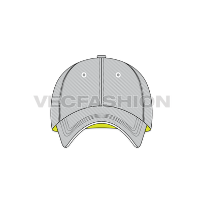A fully editable illustrator cad of Cotton Twill Baseball Cap. It is rendered in light gray with contrast lime green inside finishing, giving a sporty look. 