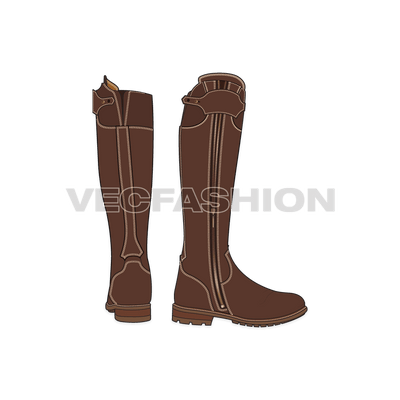 An illustrator fashion cad for Cowboy Style Long Boots. It is illustrated with two views and is showing detailed panels and stitching details. 