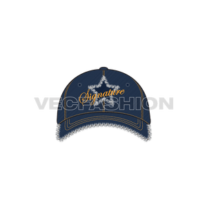 A standard Baseball Cap in Stone Washed Regular Denim Fabric Texture. Having a Raw Edged Vector Brush and a double layer screen print of ‘Signature’.
