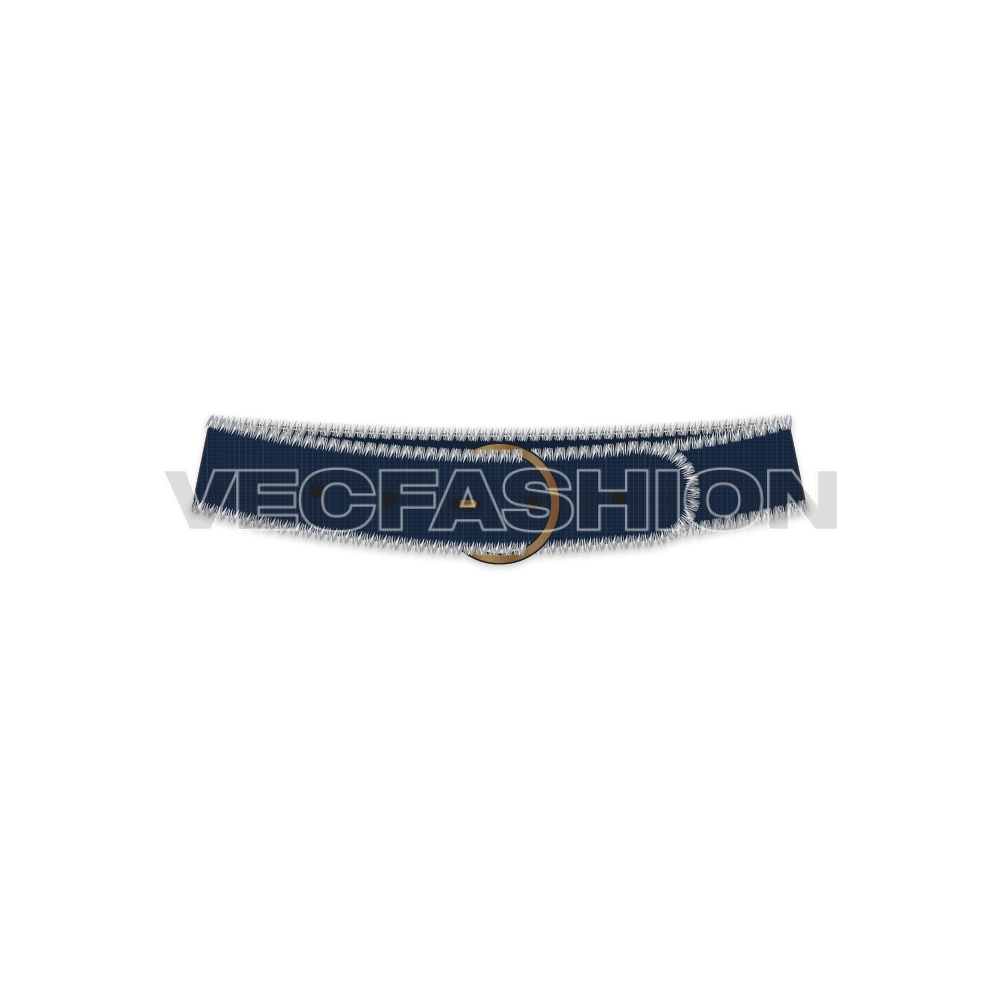 A detailed vector template for Denim Belt in Cross-hatched Denim Fabric Texture. This is a fashion accessory and can be used in Denim Wear or Streatwear Collections. It has a Big Metal Buckle, Frayed Edges Vector Brush and Vector Denim Fabric Texture.