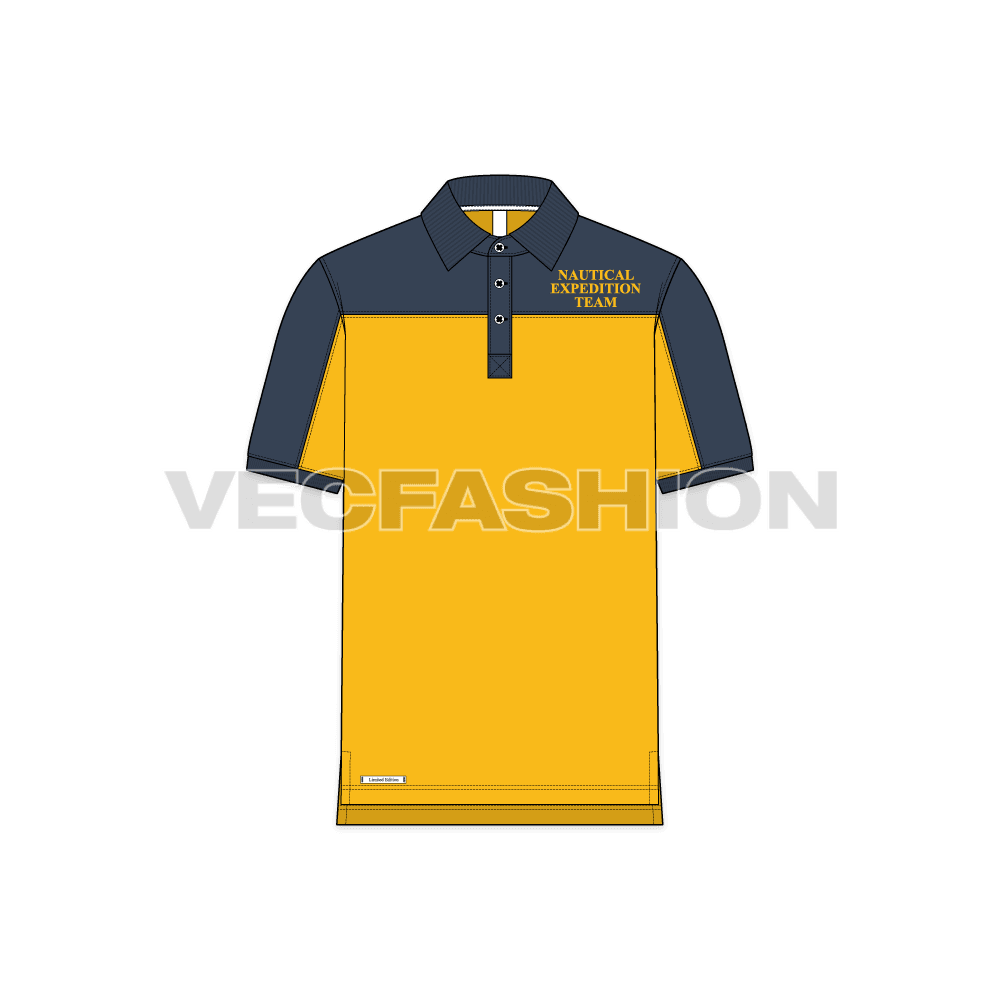 Mens classic polo shirt flat sketch, front view