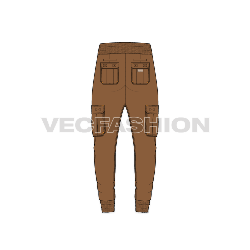 Mens cargo jogger pants flat sketch, back view