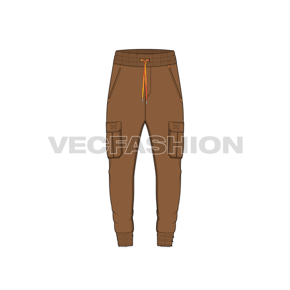 Mens cargo jogger pants flat sketch, front view