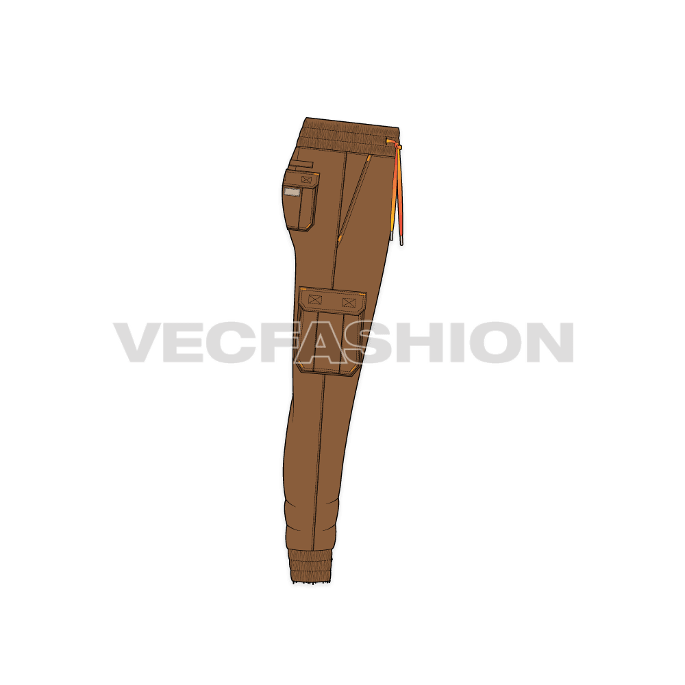 Mens cargo jogger pants flat sketch, side view