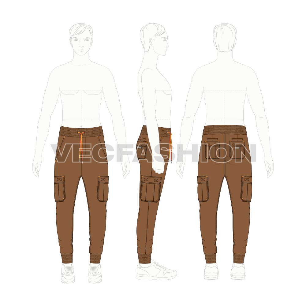 Mens cargo jogger pants flat sketch, croqui sketch