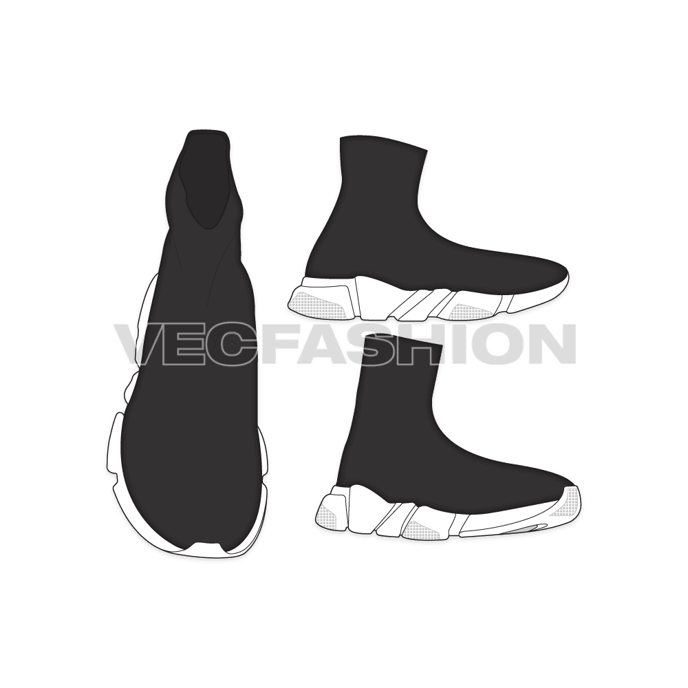 An illustrator fashion cad for Fabric Top Speed Sneakers. The top is made with elasticated special fabric and there is thick rubber sole with angular edges. 