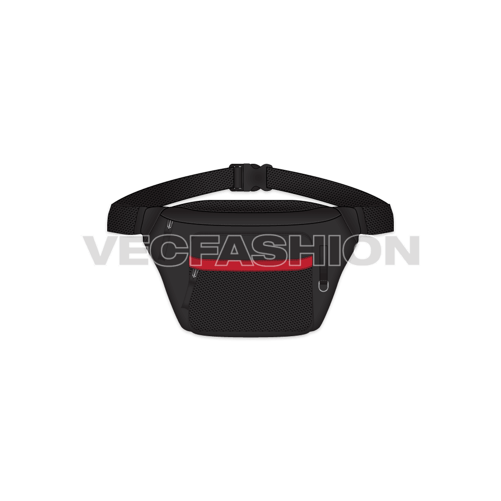 A vector template for Fanny Pack rendered in black color. It has a contrast red colored trim and black mesh added on few parts to give it a sporty look. It has fancy pull tabs, hanging loop and plastic strap buckles. 