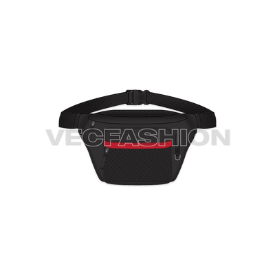 A vector template for Fanny Pack rendered in black color. It has a contrast red colored trim and black mesh added on few parts to give it a sporty look. It has fancy pull tabs, hanging loop and plastic strap buckles. 