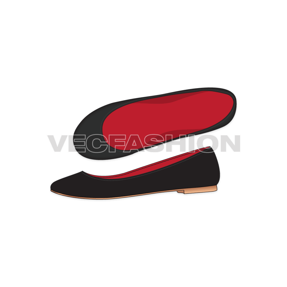 A new template of Fashion Ballet Flats, it is black from outside and red from inside, with a wooden sole. Fully editable vector fashion flats created in Adobe Illustrator CS6. 