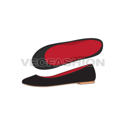 A new template of Fashion Ballet Flats, it is black from outside and red from inside, with a wooden sole. Fully editable vector fashion flats created in Adobe Illustrator CS6. 