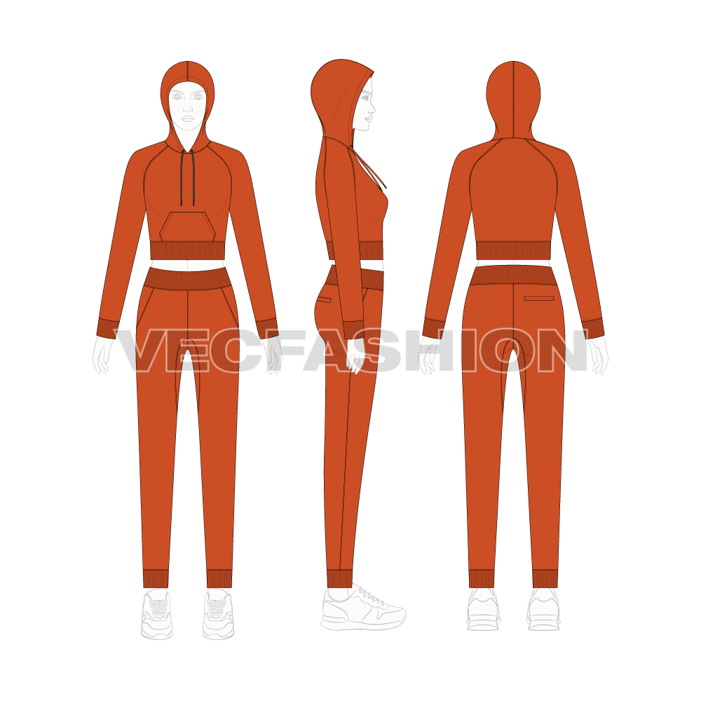Fitness hoodie and drop crotch pants flat sketch, on croqui