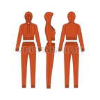 Fitness hoodie and drop crotch pants flat sketch, showing all views, front, side and back
