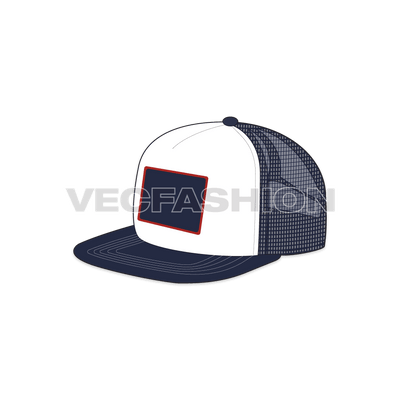 A fully editable Flat Brim Trucker Hat. It is created in adobe illustrator with detailing like flat brim, leather label on front and mesh at the back. 