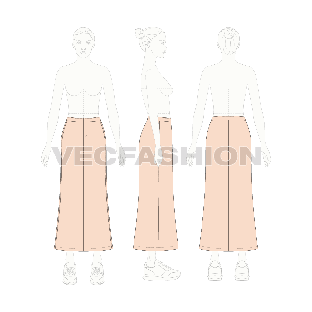 Floor length bell shaped skirt flat sketch, croqui sketch