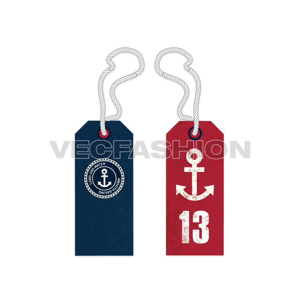 A Nautical inspired Garment Swing Tag Vector Graphic with both side views, Front and Back. This is also called as Hang Tag can be found on any packed garment in stores. This can be made in several materials, can also be use to paste Barcode Sticker on it.