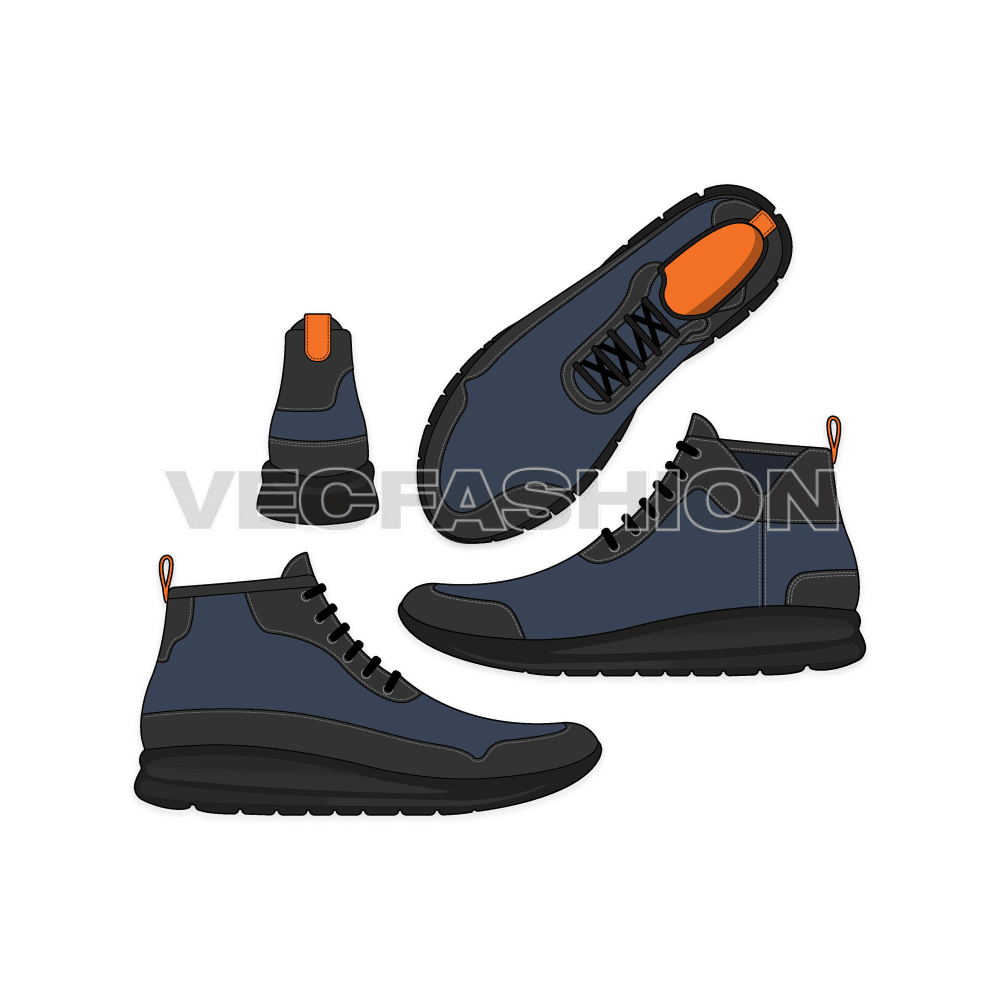 An illustrator fashion cad for Casual Sport Sneakers. It is illustrated with multiple views and have all details added on it.