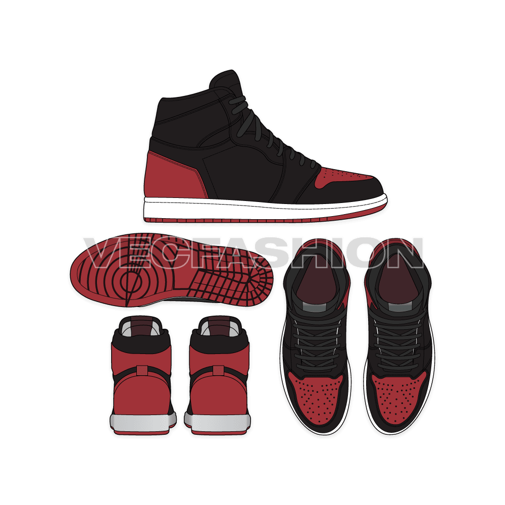 Hi top sneakers, air jordan 1 retro style flat sketch