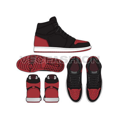 An illustrator fashion cad for Hi Top Sneakers taken by Air Jordan 1 Retro style. One of the best seller sneaker and still in demand. It is illustrated with multiple views and have all details added on it.