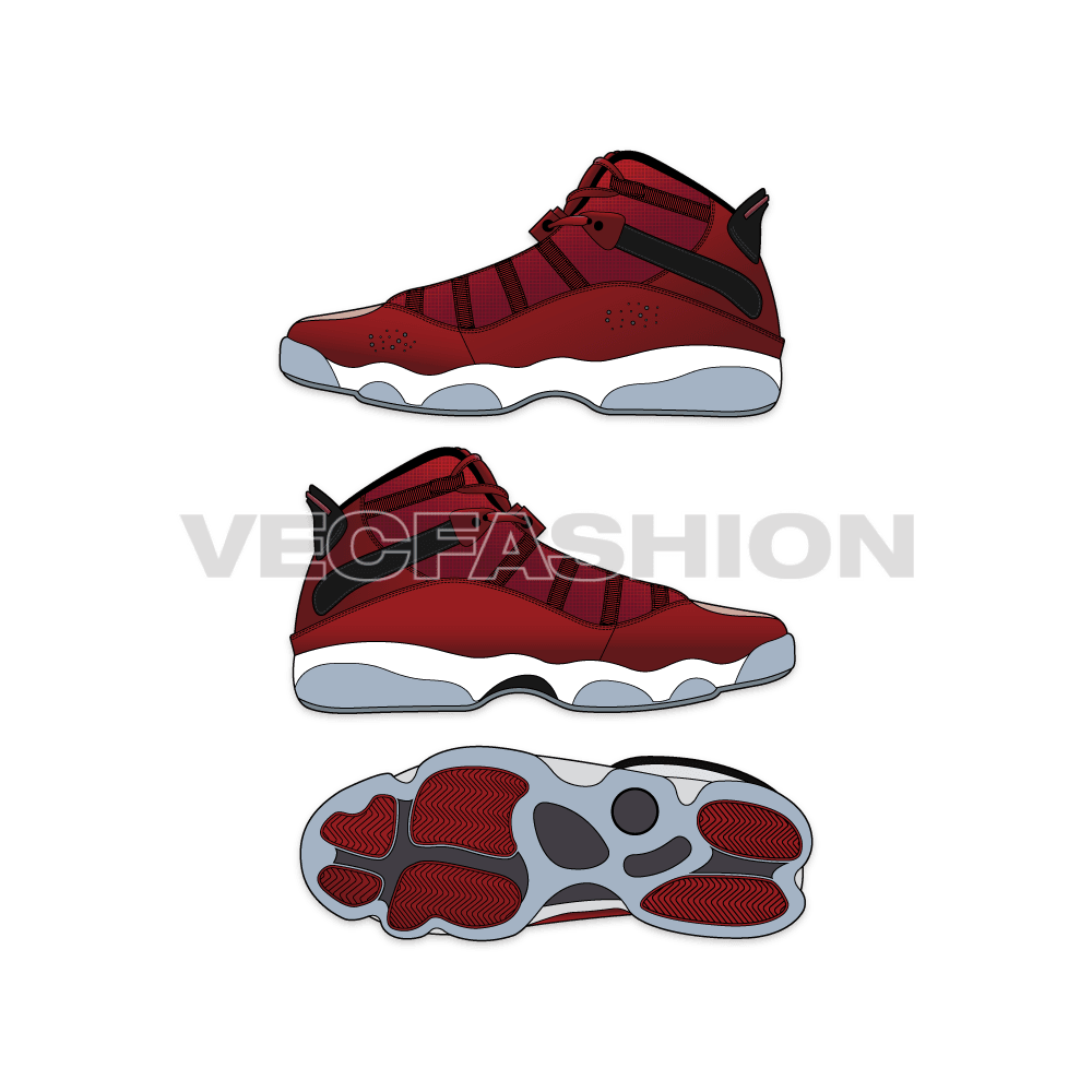 Hi top sneakers, jordan 6 rings style flat sketch