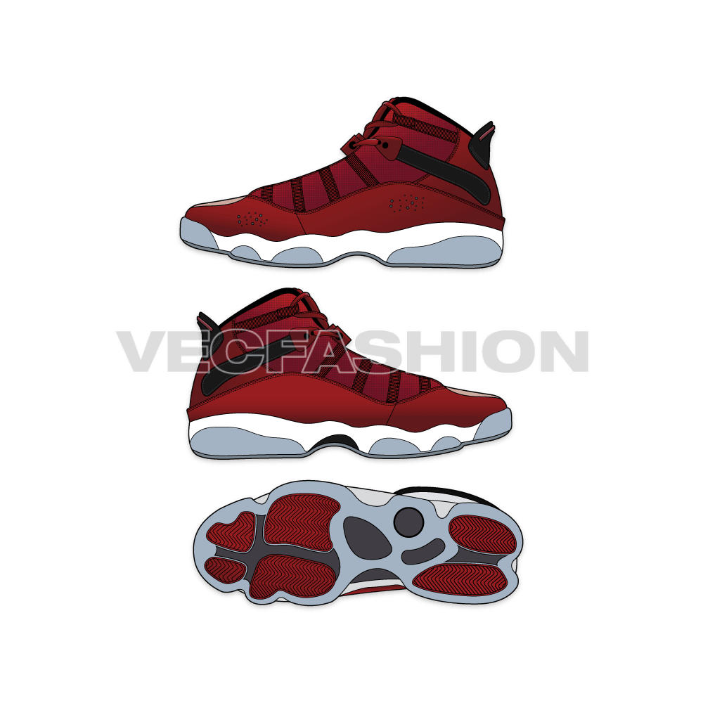 An illustrator fashion cad for Hi Top Sneakers Jordan 6 Rings. One of the best seller sneaker and still in demand. It is illustrated with multiple views and have all details added on it.