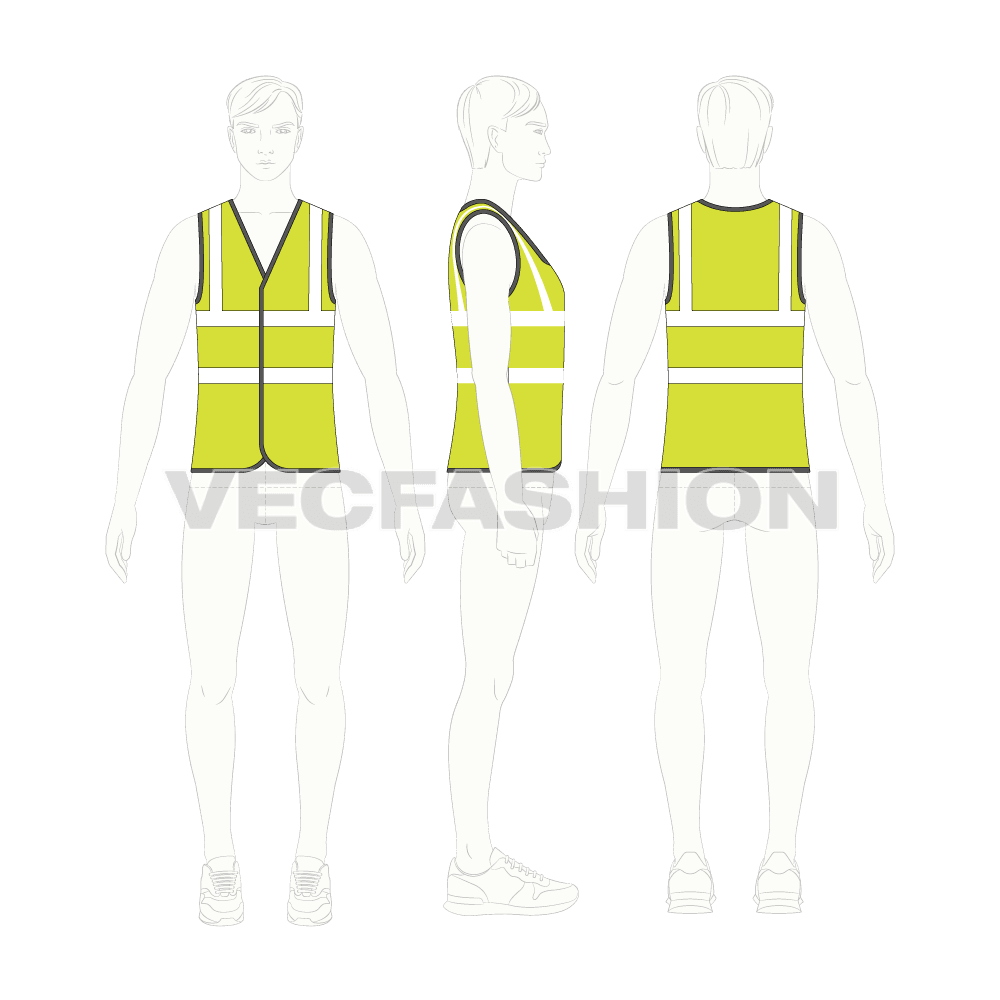 Hi-visibility safety vest flat sketch, croqui sketch
