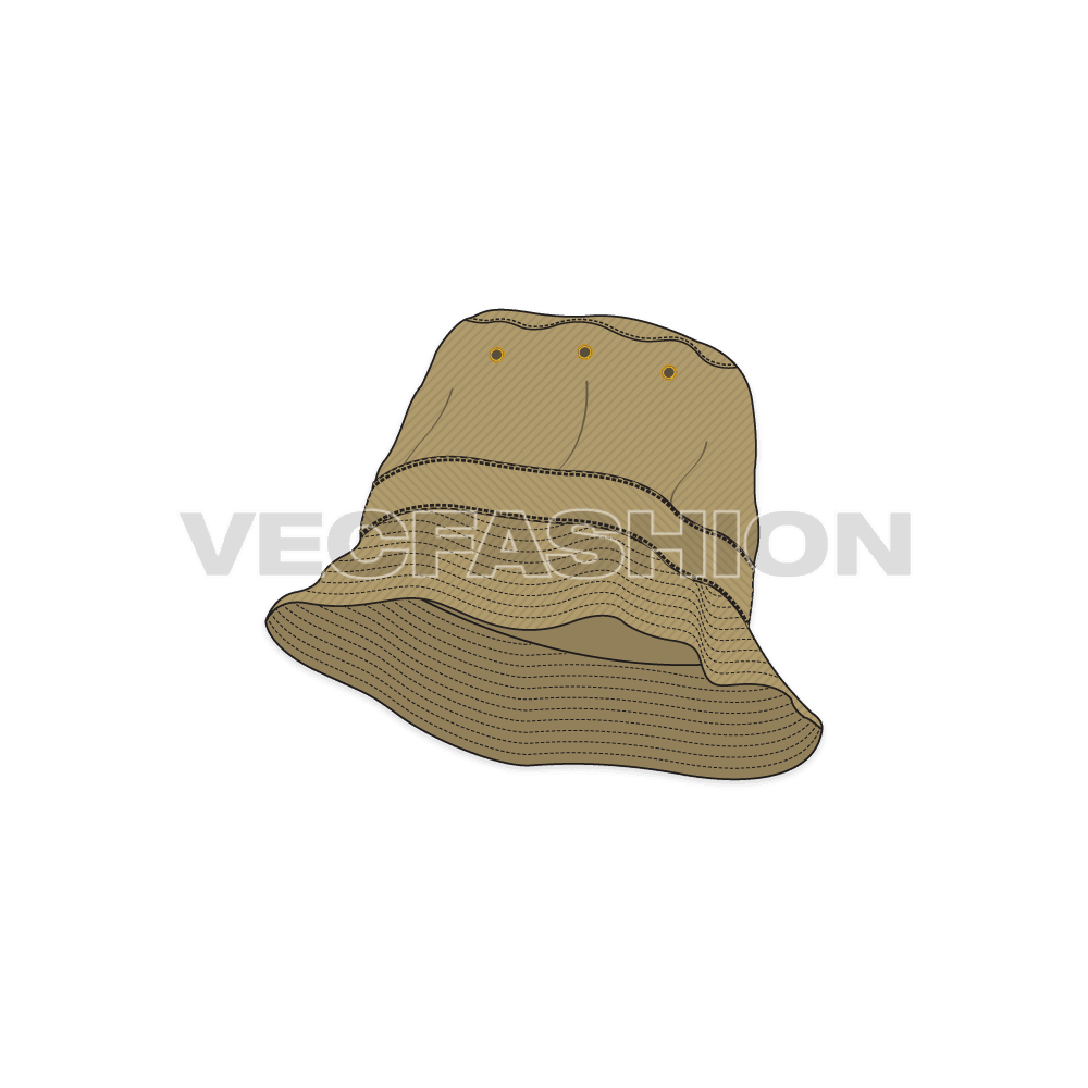 Khaki colored Fisher hat with a detailed vector illustration of Outer Brim, Stitching and Metal Eyelets.