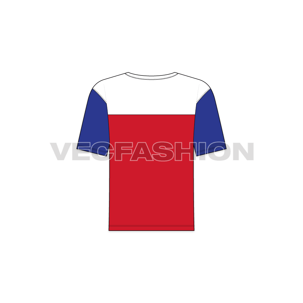 Kids boys color blocked t-shirt, three panel flat sketch, back view