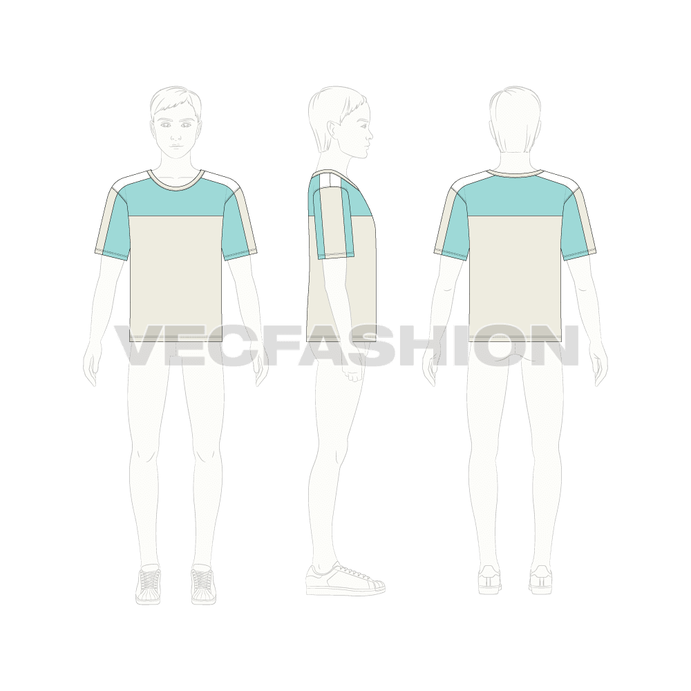 Kids boys color blocked t-shirt flat sketch, croqui sketch