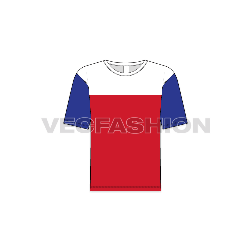 Kids boys color blocked t-shirt, three panel flat sketch, front view