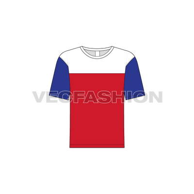 Kids boys color blocked t-shirt, three panel flat sketch, front view