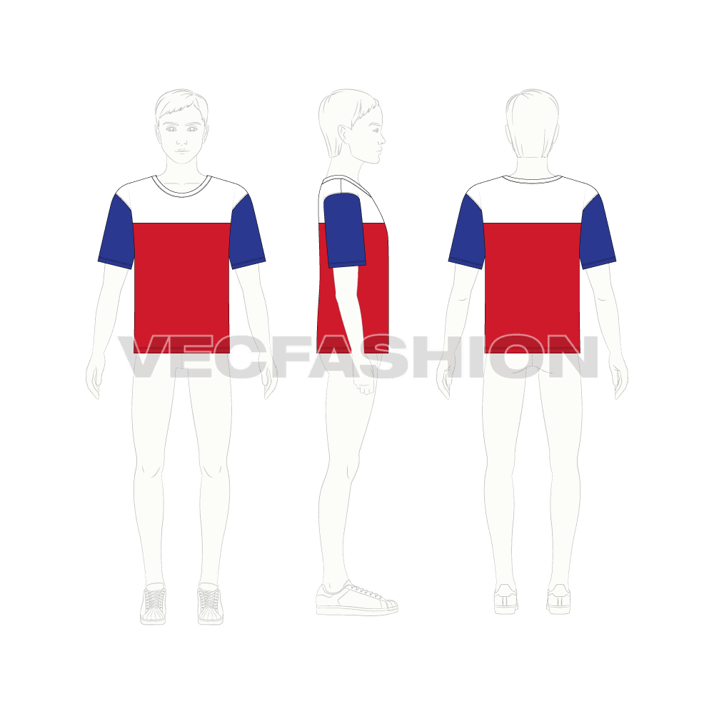 Kids boys color blocked t-shirt, three panel flat sketch, croqui sketch