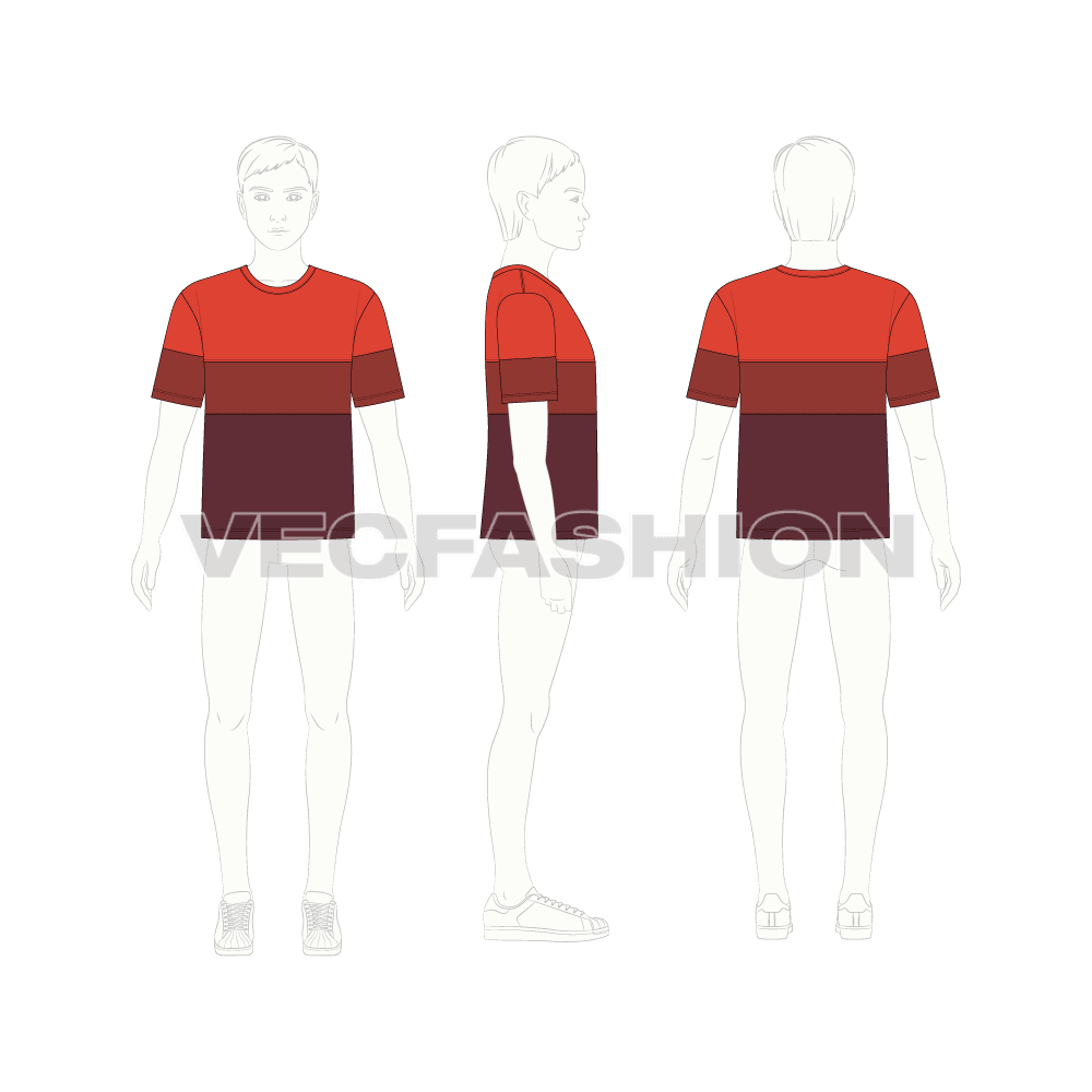 Kids boys crew neck tee flat sketch, back view