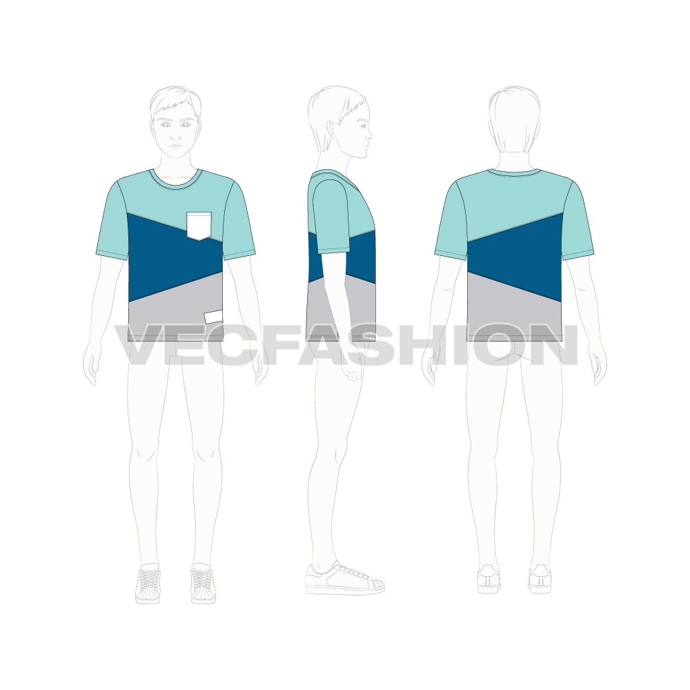 Kids boys cross panel tee flat sketch, croqui sketch