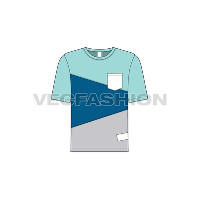 Kids boys cross panel tee flat sketch, front view