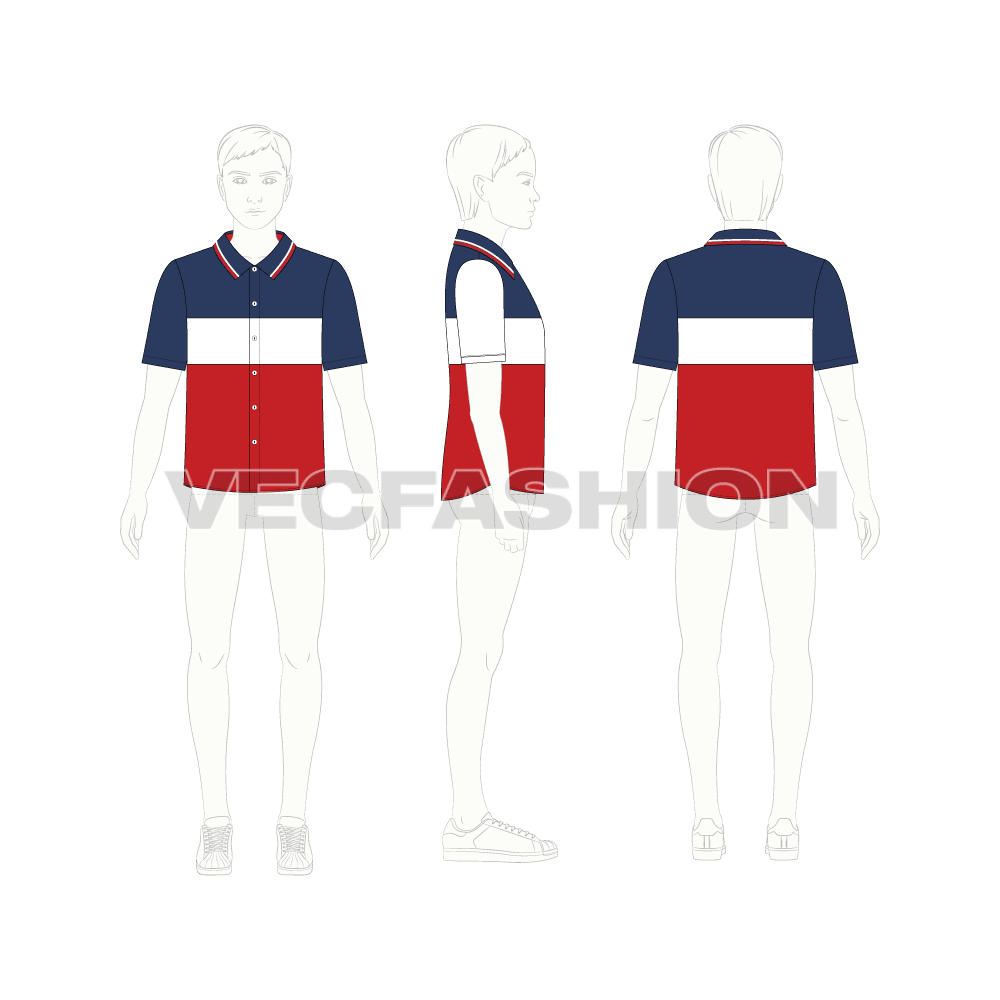 Kids boys marine shirt flat sketch, croqui sketch