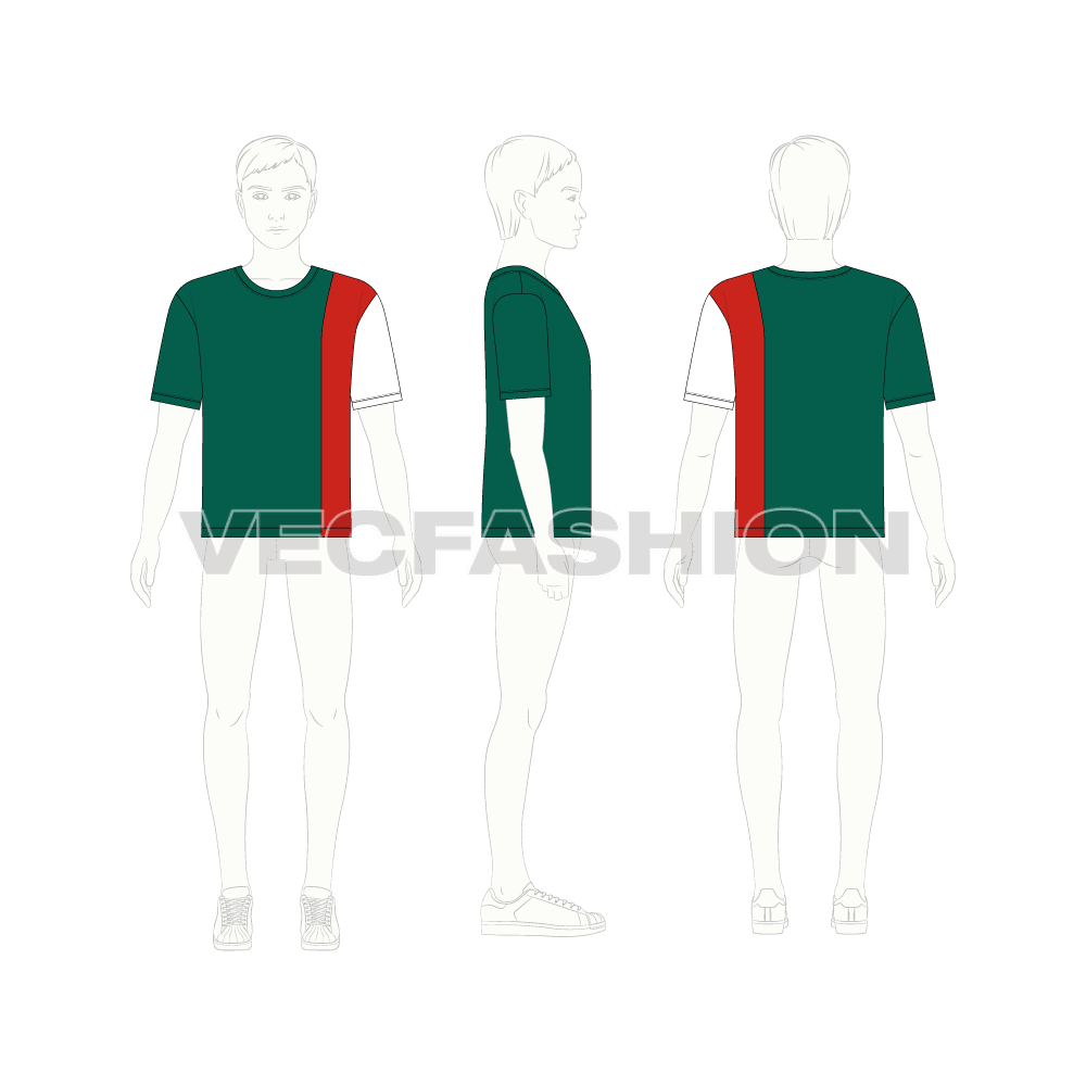 Kids boys panelled tee flat sketch, croqui sketch