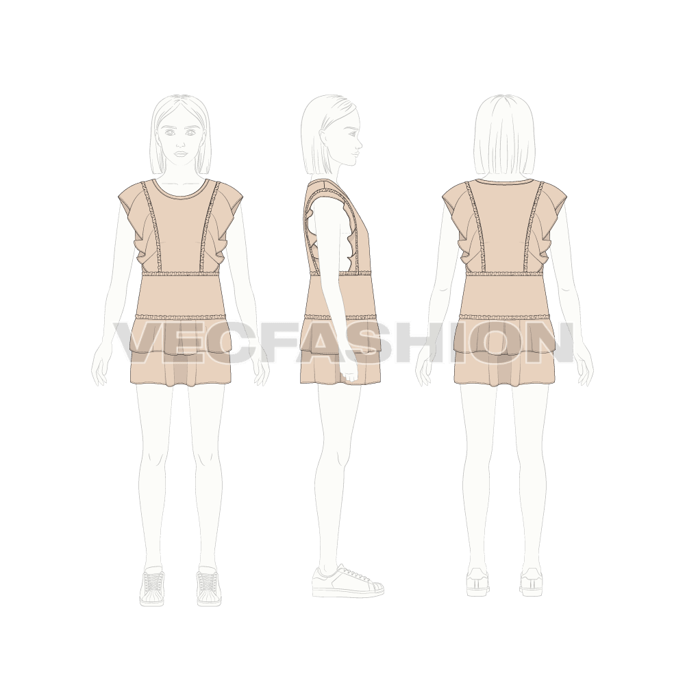 Kids girl dress flat sketch, croqui sketch