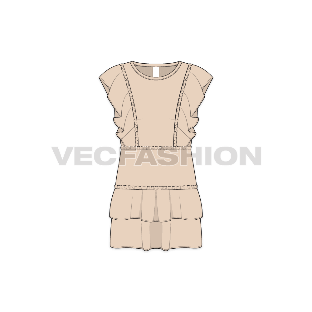 Kids girl dress flat sketch, front view