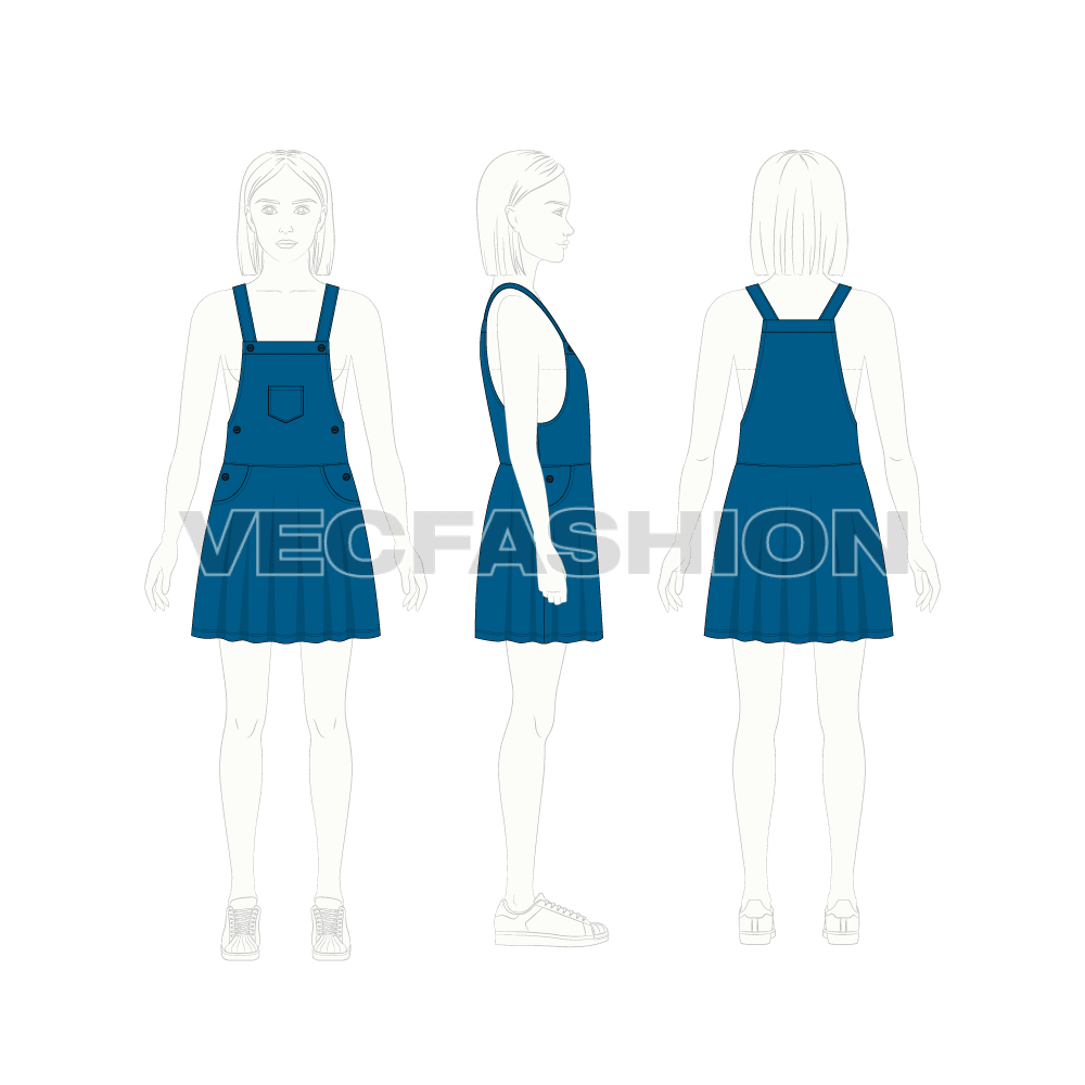 Kids girl dungaree frock flat sketch, croqui sketch