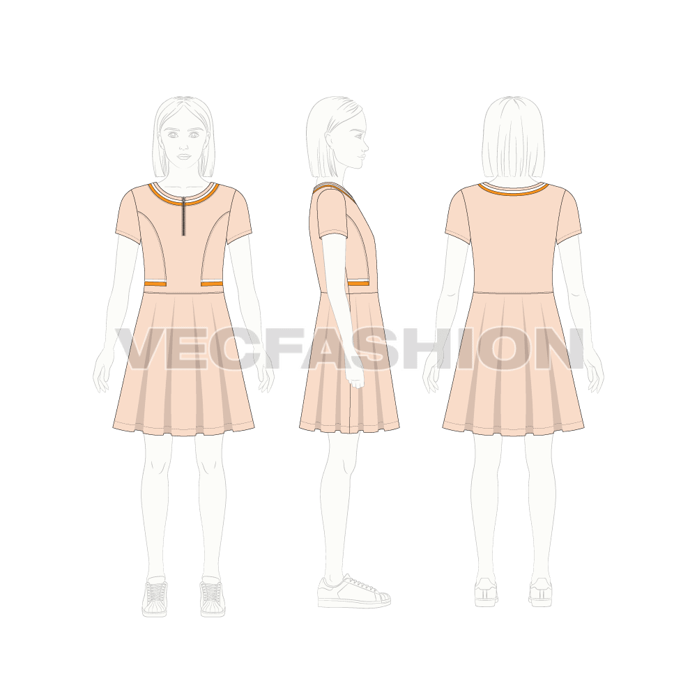 Kids girl flared dress flat sketch, croqui sketch