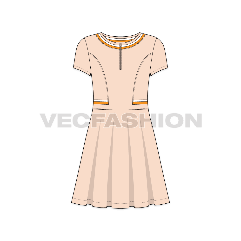 Kids girl flared dress flat sketch, front view