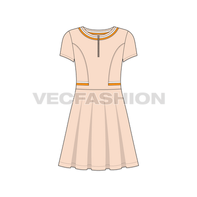 Kids girl flared dress flat sketch, front view