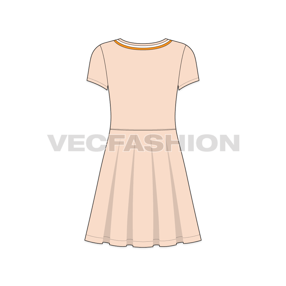 Kids girl flared dress flat sketch, back view